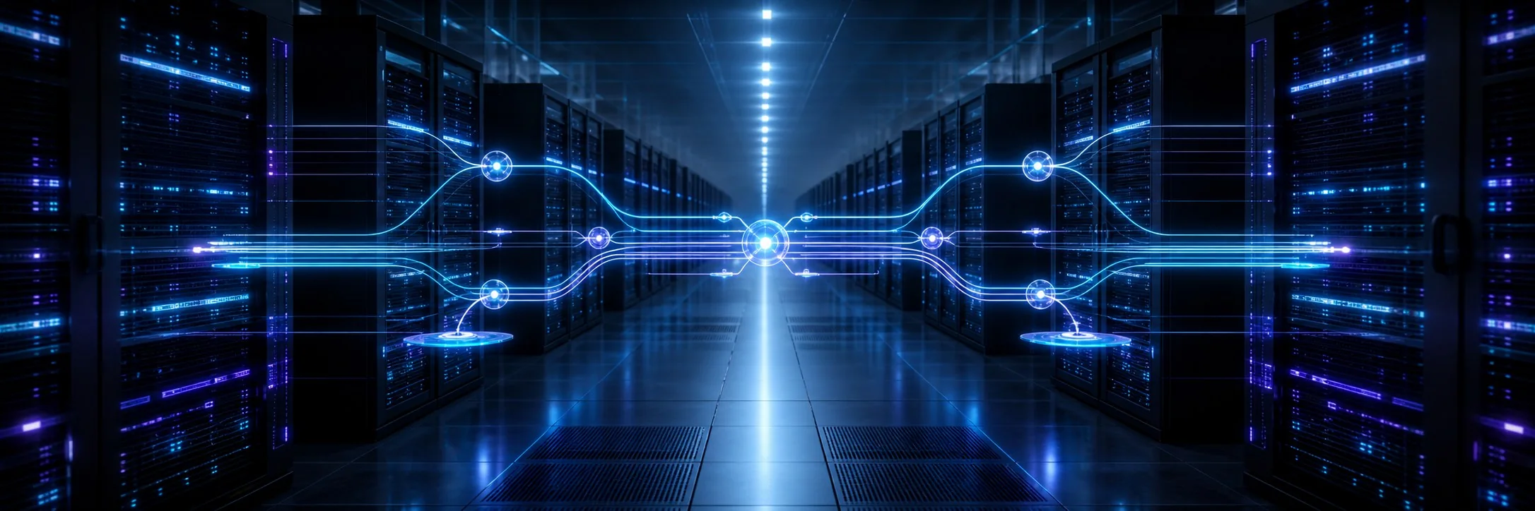Servidores conectados mediante rutas luminosas que representan un flujo automatizado